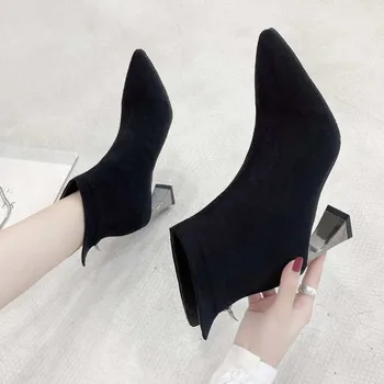 Fashion forår og efterår strække støvler tyk høje hæle kvinder sort ankel sokker støvler spids tå kvinders sko størrelse 34-40