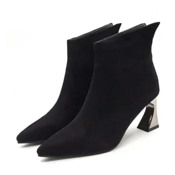 Fashion forår og efterår strække støvler tyk høje hæle kvinder sort ankel sokker støvler spids tå kvinders sko størrelse 34-40