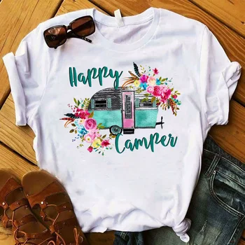 Fashion Kvinder T Plus Size Happy Camper Blomster Blomst Road Trip Graphic Tee Shirt Femme Top Tshirt Kvindelige Damer Tøj, T-shirt