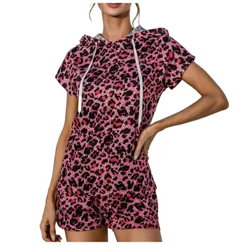 Fashion Kvinder, To-delt Sæt Leopard T-shirt + Shorts Korte Ærmer Casual Silke Nattøj Nightwea Blød Afslappet Pyjamas Sæt Summ