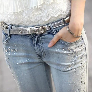Fashion Ladies Stretchy Tynde Diamanter Jeans Kvinder Sexet Slim Fit Lange Bukser Hul Rippet Crystal Denim Blyant Bukser Plus Størrelse