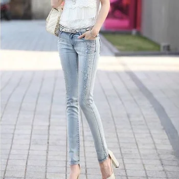 Fashion Ladies Stretchy Tynde Diamanter Jeans Kvinder Sexet Slim Fit Lange Bukser Hul Rippet Crystal Denim Blyant Bukser Plus Størrelse