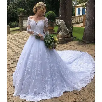 Fashion Land med Lange Ærmer brudekjoler 2021 robe de mariee Applique Lace Wedding Kjoler skræddersyet Sommeren Bruden Kjole