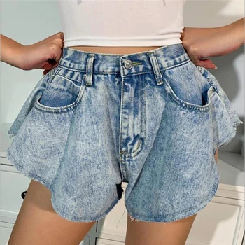 Fashion Sommer Sexede Kvinder, Høj Talje Denim Shorts Blusset Bred Ben Shorts Dame Casual Shorts Løse Nye Shorts Solid Jeans Bunde