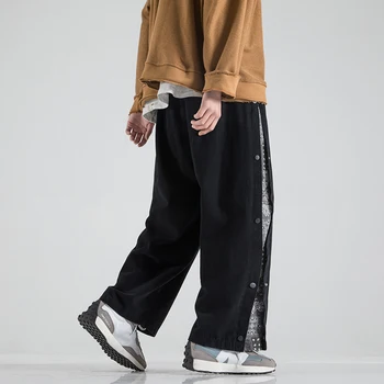 Fashion Streetwear Løs Plus Size Breasted Lige Bukser 2021 Harajuku Patchwork Casual Bukser Overdimensionerede Sweatpants Mænd