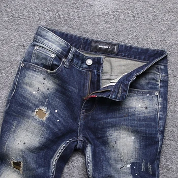 Fashion Streetwear Mænd Jeans Retro Sort / Blå Elastisk Slim Fit Ødelagt Ripped Jeans Til Mænd Designer Hip Hop Denim Punk Bukser