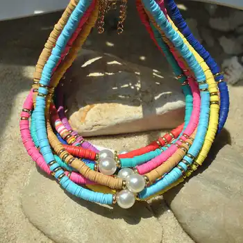 Fashionable beach style perle halskæde kvinder Boheme bland med to farve kombination bløde keramik kravebenet kæde