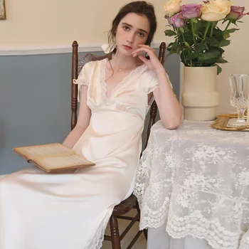 Fe kort-langærmet nightdress kvindelige lang sexet silke foråret og sommeren tynd prinsesse elegant palads pyjamas home service