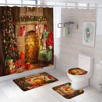 Festival Dekoration Glædelig Jul badeforhæng Badeværelse Gardin 3d Pejs Stue Mønster Toilet sædebetræk bademåtte