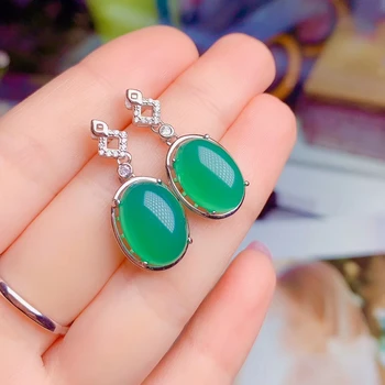 Fine smykker ren 925 sølv Kinesisk stil naturlige grønne Kalcedon kvinders vintage luksus ovalt perle vedhæng ring, øreringe, der passer su