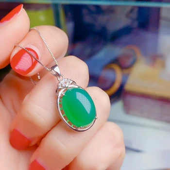 Fine smykker ren 925 sølv Kinesisk stil naturlige grønne Kalcedon kvinders vintage luksus ovalt perle vedhæng ring, øreringe, der passer su