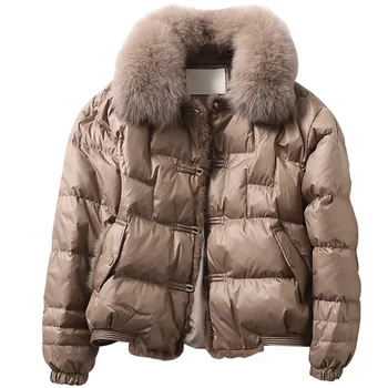 Fitaylor 2021 Nye Vinter Kvinder Reel Fox Fur Hooded Jacket 90% Duck Ned Frakke Elegante Tyk Varm Knappen Duck Ned Outwear
