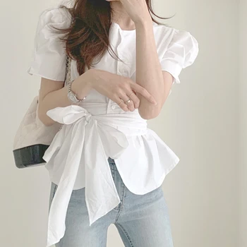 Fitaylor Nye 2021 Kvinder Sommer Bluser Skjorter Puff Ærmer Vintage Koreansk Stil Snøre Moderigtigt Dame Vilde Korte Toppe