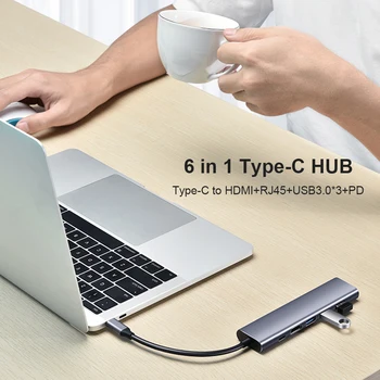 FK-C0603 6 i 1 Type C til HDMI-kompatibel RJ45 med USB 3.0 PD Adapter Hub-Dockingstation Bærbare USB-Tilbehør-C-Hub