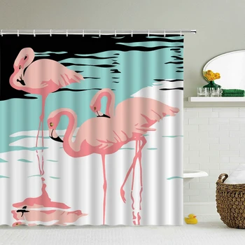 Flamingo Badeværelse Gardiner Grønne Blad Blomst Vandtæt Polyester Badeforhæng Nordisk Boligindretning, Bad Brusebad Indretning