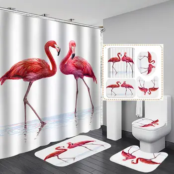 Tilbud Flamingo kunst print vandtæt stof badeforhæng skridsikker bademåtte toilet dække tæpper hjem badeværelse sæt Badeværelse Produkter > Bidsted.dk