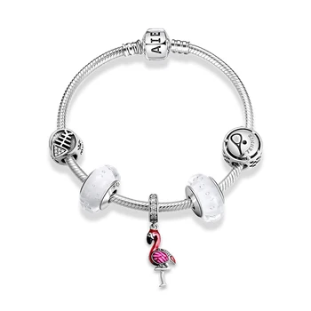 Flamingo vedhæng i 925 Sterling Sølv Charm slange knogle kæde Armbånd mousserende Perler mode smykker til kvinder tilbehør