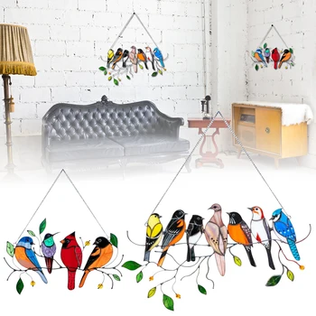 Flerfarvet Fugle På Wire Høj Farvede Suncatcher Kreative Fugle Glasmaleri Omhæng Panel Boligindretning Tilbehør