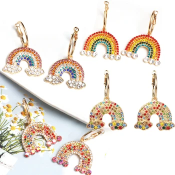 Flerfarvet Rhinestone Perler Rainbow Formet Kvinder Dingle Øreringe Smykker Modeshow Piger' Statement Øreringe Tilbehør