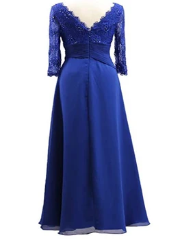Formel bruden er min mor kjole V-hals og 3/4 ærmer blå elegante plus-size lang mop formelle længde aften kjole, fest kjole