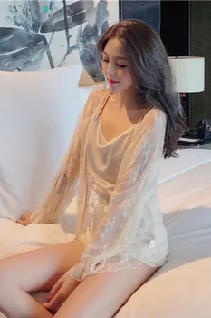 Forår og sommer tøj 2019 nye damer koreanske blonde cardigan med lille vest pyjamas tre-delt sæt MW373