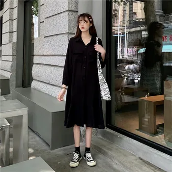 Foråret efteråret dametøj ny Snøre Simple koreanske styledress hipster turn-down krave fuld ærme casual-lange kjoler