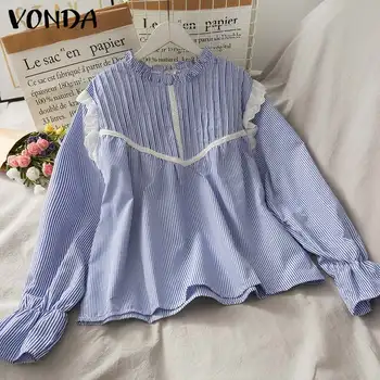 Foråret Toppe VONDA Kvinder Casual Baggy langærmet Vintage Stribet Bluse Boheme Blusas Femininas OL Office-Shirts