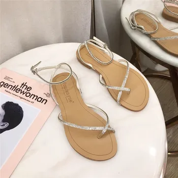 Funklende rhinestone sandaler 2021 sommer cool fladskærms romerske sko ferie stranden sko sexede kvinder sko