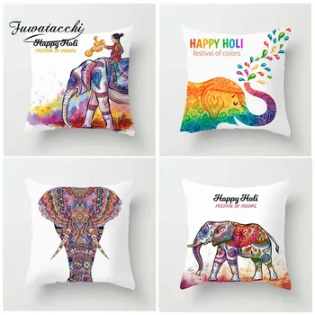 Fuwatacchi Nye Happy Holi Farverige Stil pudebetræk Rainbow Elefant pudebetræk Hjem Dekorative Puder Dækning for Sofa Bil