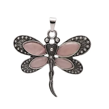 FYSL Sølv Forgyldt Dragonfly og Butterfly Rosa Kvarts Vedhæng til Gave Grøn Aventurin Smykker