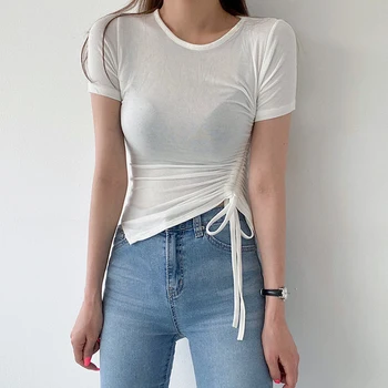 GALCAUR koreanske Solid Sexet T-Shirt Til Kvinder O-Hals, Korte Ærmer Patchwork Snor Ruched Uregelmæssige Slim T-Shirts Kvindelige 2021