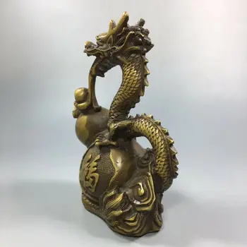 Gamle Kinesiske Collectible Messing Lovende Dragon & Græskar Håndarbejde Vintage Statue