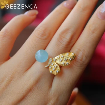 GEEZENCA S925 Sølv Forgyldt Sommerfugl Aquamarine Perle Ring For Kvinder Fine Smykker, Luksus Trendy Resizable Ring Party Gave