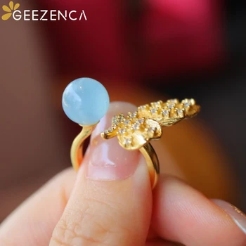 GEEZENCA S925 Sølv Forgyldt Sommerfugl Aquamarine Perle Ring For Kvinder Fine Smykker, Luksus Trendy Resizable Ring Party Gave