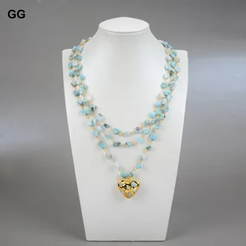 GG Smykker 3 linjer på en Naturlig Blå Larimar Rosenkrans Kæde Hjerte-Formet Larimars Vedhæng Statement Halskæde Til Kvinder 18