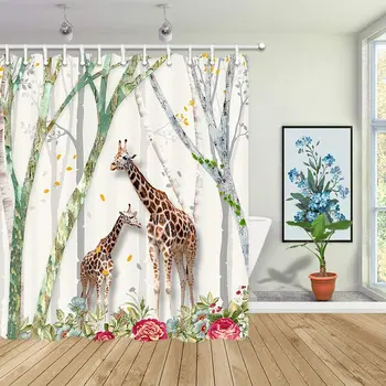 Giraf Skov Træ, Blomster Tema Dyreliv Afrikanske Jungle Dyr Brusebad Gardin Til Badeværelse