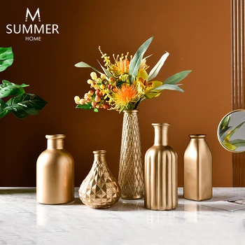 Golden Kreative Glas Vase Simpelt Håndværk Blomst Arrangement Lys Luksus Desktop Indretning, Boligindretning, Pynt Tilbehør