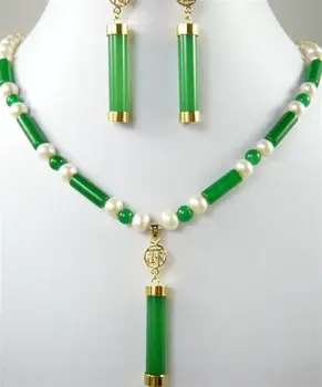 GRATIS FORSENDELSE charm grøn jade /lilla -hvid perle halskæde + vedhæng øreringe sæt
