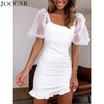 Gratis forsendelse i 2020 joocar sexet firkantet krave mesh short sleeve Bodycon kjole JC1290