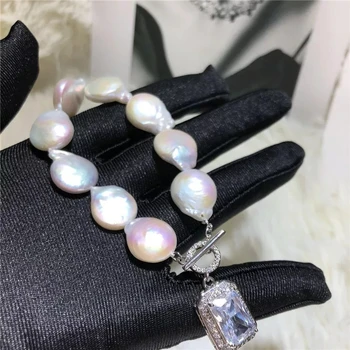Gratis forsendelse Smykker naturlige stor barok hvid perle armbånd 7.5-8inch micro indlæg crystal zircon clasp