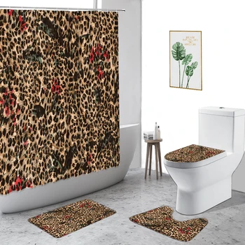 Grå Leopard badeforhæng Mode Cheetah Mønster 3D-Print Badeværelse 4-delt Sæt Anti-Slip Tæppe Toilet Dække Bad Gardin