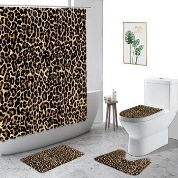 Grå Leopard badeforhæng Mode Cheetah Mønster 3D-Print Badeværelse 4-delt Sæt Anti-Slip Tæppe Toilet Dække Bad Gardin