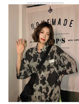 Grå Tie-Dye Shirt Kort Ærme 2021 Nye Blomstret Skjorte, Vintage Tøj Toppe For Kvinder Mode Koreansk Stil Plus Size T-Shirt