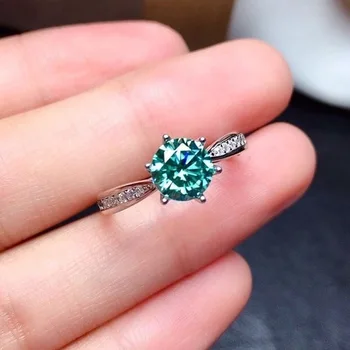 Grøn blå Solitaire Ring for Kvinder Massiv 925 Sterling Sølv Ringe Rundt Moissanite Diamant til Bryllup Engagement Fine Smykker