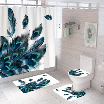 Grønne Fjer badeforhæng Mode Gift Med Non-Slip Tæppe Mat Badeværelse Gardiner Vandtæt Polyester Kroge Home Decor 180x180