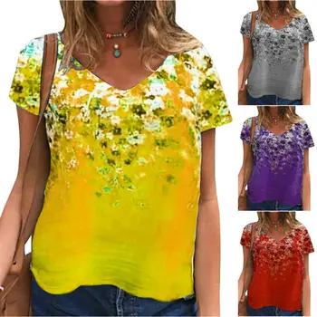Grønne Toppe Kvinder Floral Print t-Shirt 2021 Sommeren Afslappet V-Hals T-Shirt kortærmet Top Tees Stranden Vintage Kvinders t-Shirt