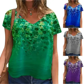 Grønne Toppe Kvinder Floral Print t-Shirt 2021 Sommeren Afslappet V-Hals T-Shirt kortærmet Top Tees Stranden Vintage Kvinders t-Shirt