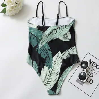 Grønt blad print sexet i ét stykke badedragt，One-piece bikini