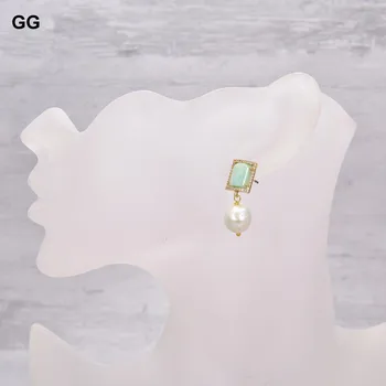 GuaiGuai Smykker Naturlige Hvidt Keshi Pearl Naturlige Grønne Amazonit CZ Stud Håndtaget Tilbage Øreringe Trendy For Kvinder