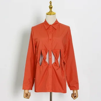Gul Rød Sey Hule Elegante Shirt Langærmet Revers Løs Bluse Kvindelige 2021 Forår, Sommer Mode Nyt Tøj Tidevandet